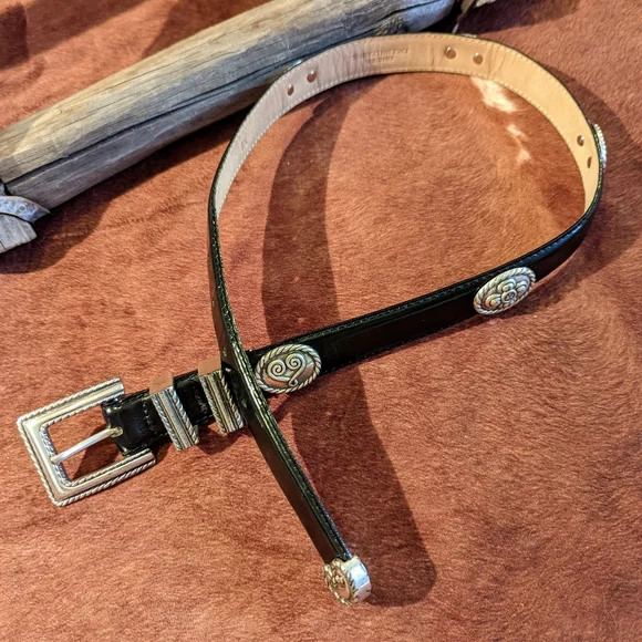 Studio Barse Black Leather Belt with Silver Conchos and Buckle - Picture 3 of 13